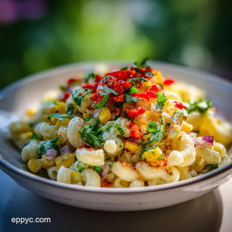 Elegant bowl of Mexican macaroni salad. Topped with crumbled cheese, chili powder, and fresh cilantro. Creamy and vibrant.