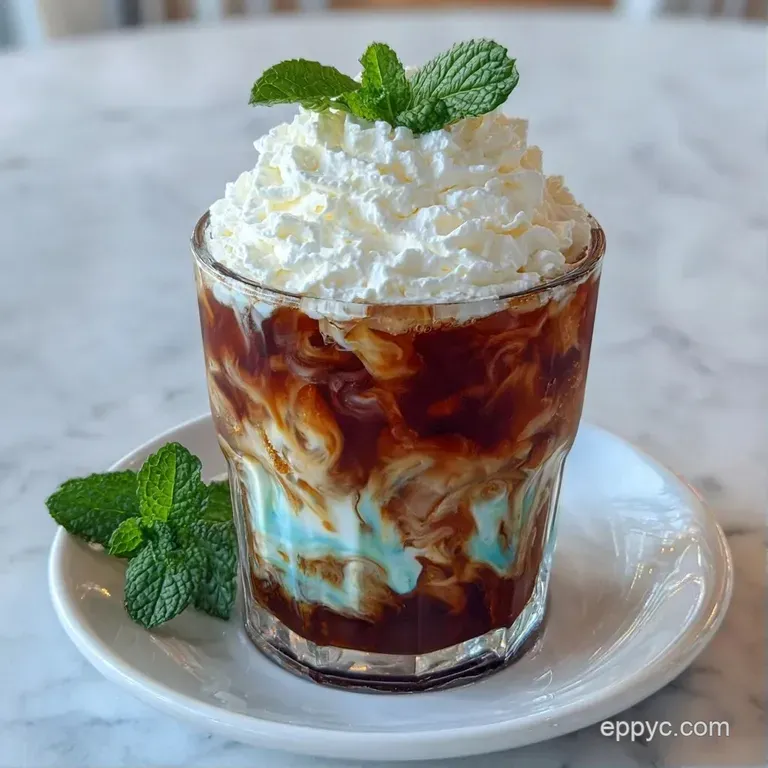 Chilled glass of layered espresso and mint cream on a marble coaster, garnished with a vibrant green mint leaf.