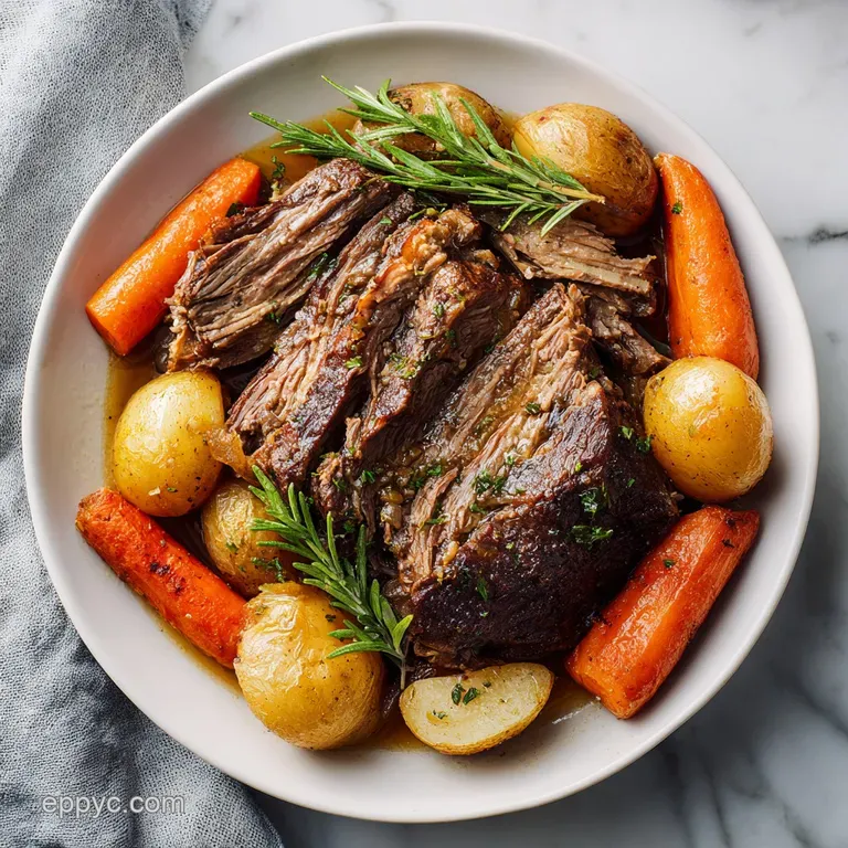 Tender pot roast plated with creamy mashed potatoes and vibrant green parsley. Gravy pools invitingly.