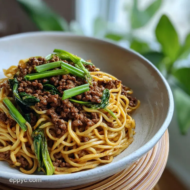 Close-up of glistening savory beef and noodles, presented with a sprinkle of green onions and a side of vibrant chili flakes.