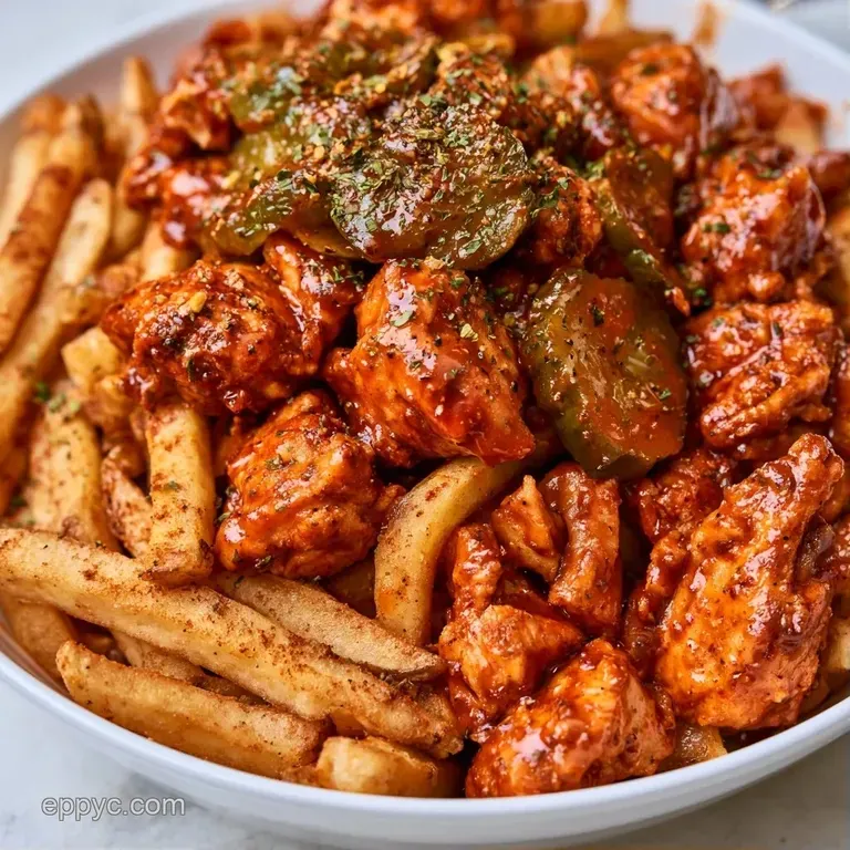 Red-glazed crispy chicken strips on a rustic wooden board with a side of creamy dip and bright green pickle chips.