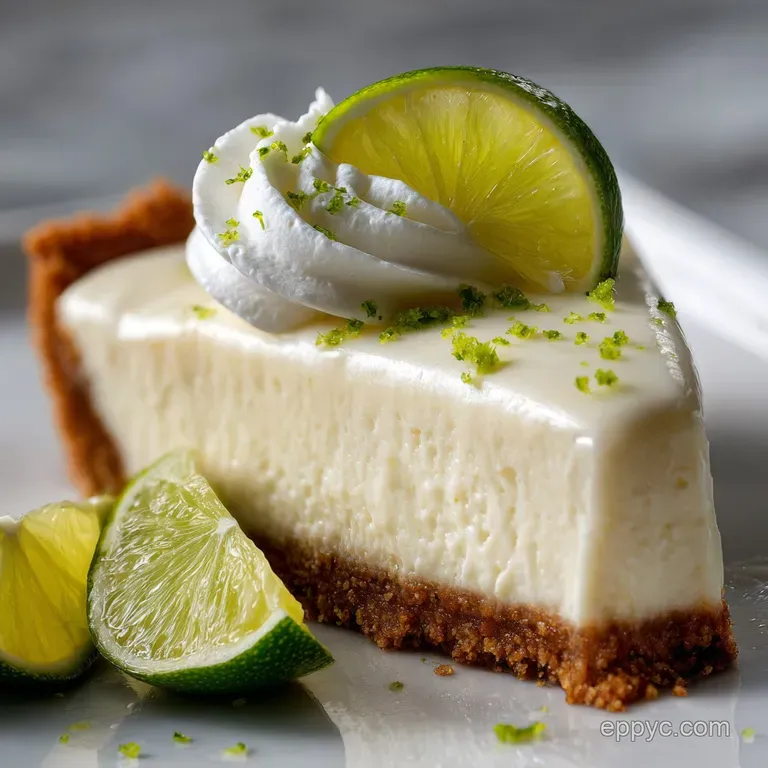 Slice of key lime pie on a white plate, showing the smooth filling and crumbly crust, dusted with lime zest.