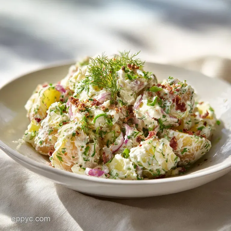A vibrant scoop of rustic potato salad beside grilled chicken, flecked with herbs; summer picnic vibes.