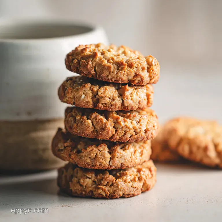 Stack of crisp oatmeal peanut butter cookies on a white plate, light dusting of flour, inviting, warm and comforting treat.