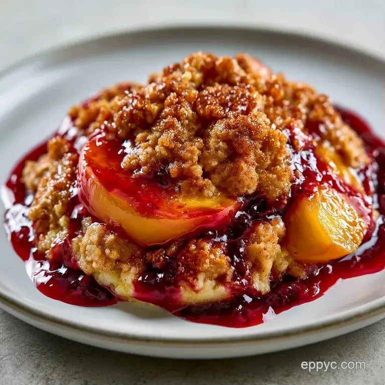 Creamy vanilla ice cream melting over a warm, golden peach crumble on a white ceramic plate with a fresh mint leaf.