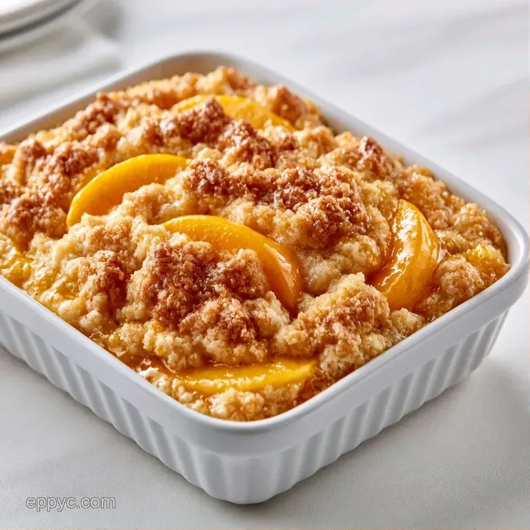 A scoop of warm, cinnamon-spiced peach dessert topped with a melting dollop of vanilla cream on a white plate.
