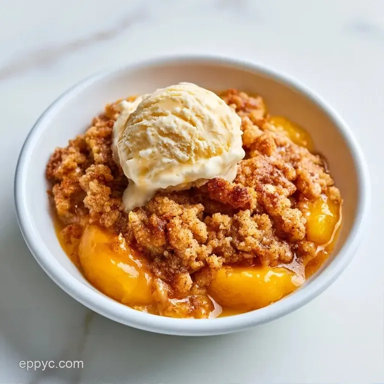 A scoop of vanilla bean ice cream melting over a warm slice of golden fruit crisp on a minimalist white plate.