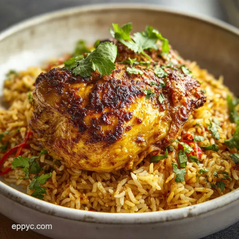 Plated chicken and rice: Tender, browned thigh atop pearly rice, garnished with chopped herbs, a drizzle of sauce, invitin...