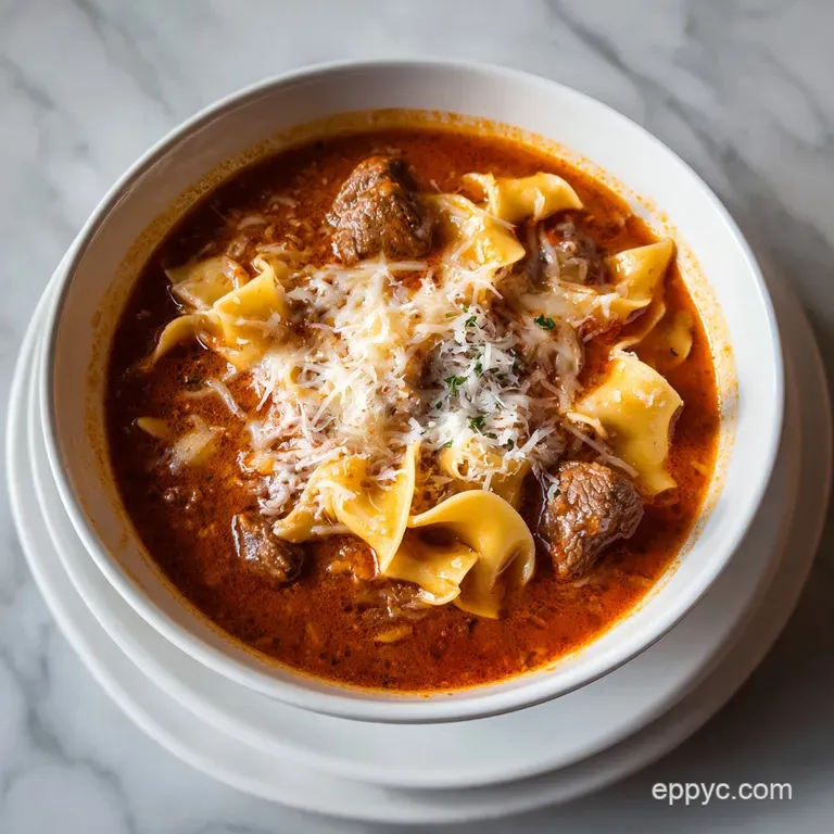 A white bowl of savory red pasta soup topped with melted mozzarella, fresh basil, and served with toasted garlic bread.