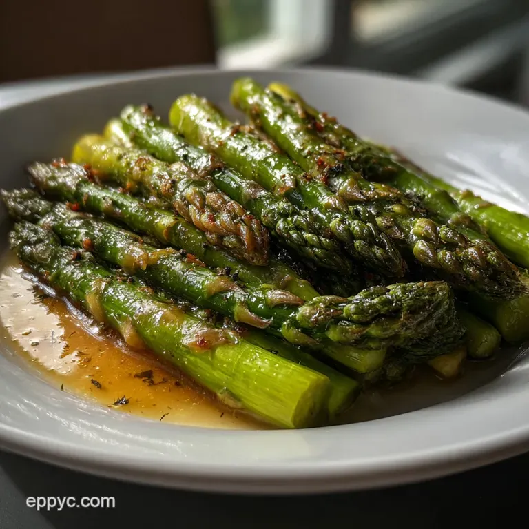 Tender-crisp asparagus artfully arranged on a white plate. Bright green hues contrast with the delicate texture, a visual ...