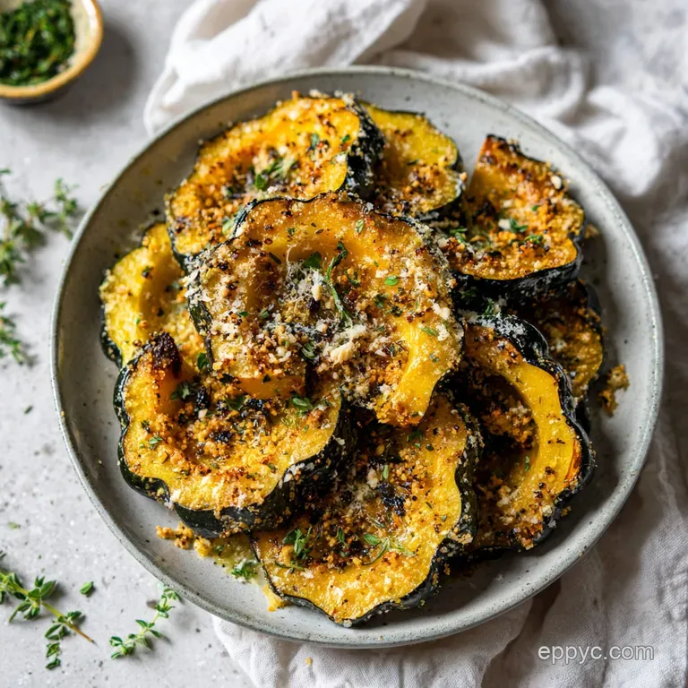 Elegant presentation of parmesan herb roasted acorn squash; golden wedges speckled with herbs, resting on a white plate.
