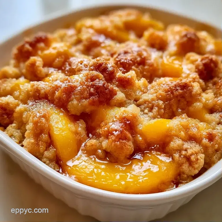 A slice of golden fruit dessert with a melting scoop of cream on a porcelain plate, dusted with powdered sugar.