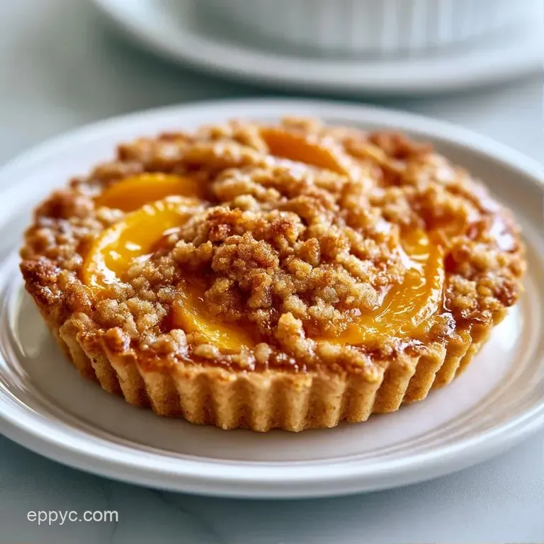 A slice of golden-brown tart on a white plate, topped with a dollop of white cream and a fresh green mint leaf.