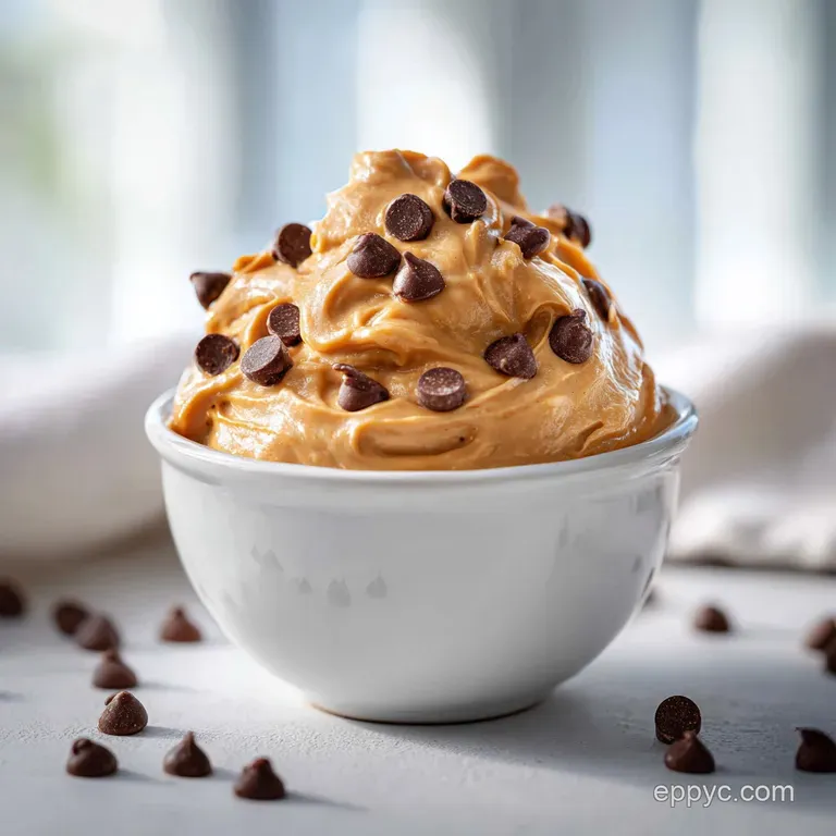 Slice of no-bake peanut butter dessert with chocolate. Smooth filling, chocolate chips and crumbly crust on a plate.