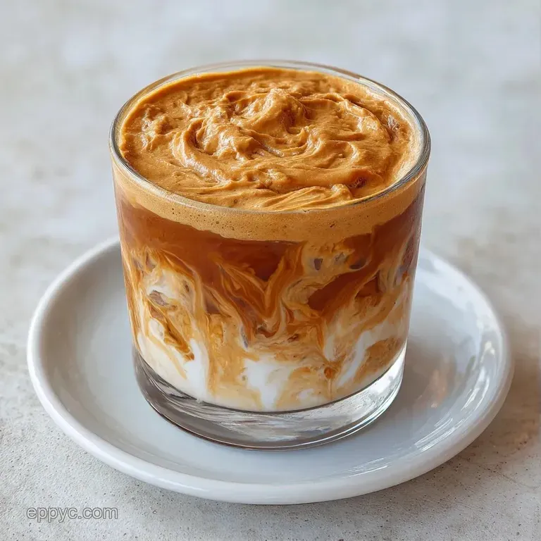 Layered brown coffee and ivory cream in a glass mug on a rustic wooden tray with a side of golden roasted nuts.