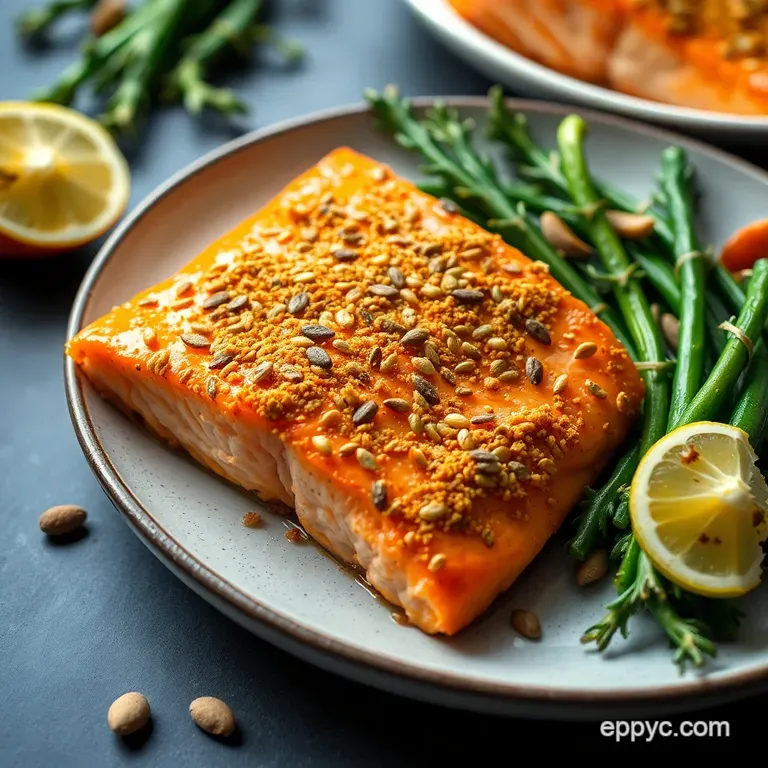 Pepita-Crusted Salmon with Lemon-Dill Sauce presentation