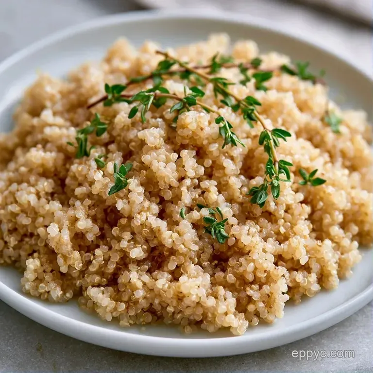 A neat scoop of pale quinoa in a white ceramic bowl, garnished with a sprig of fresh parsley and a drizzle of oil.