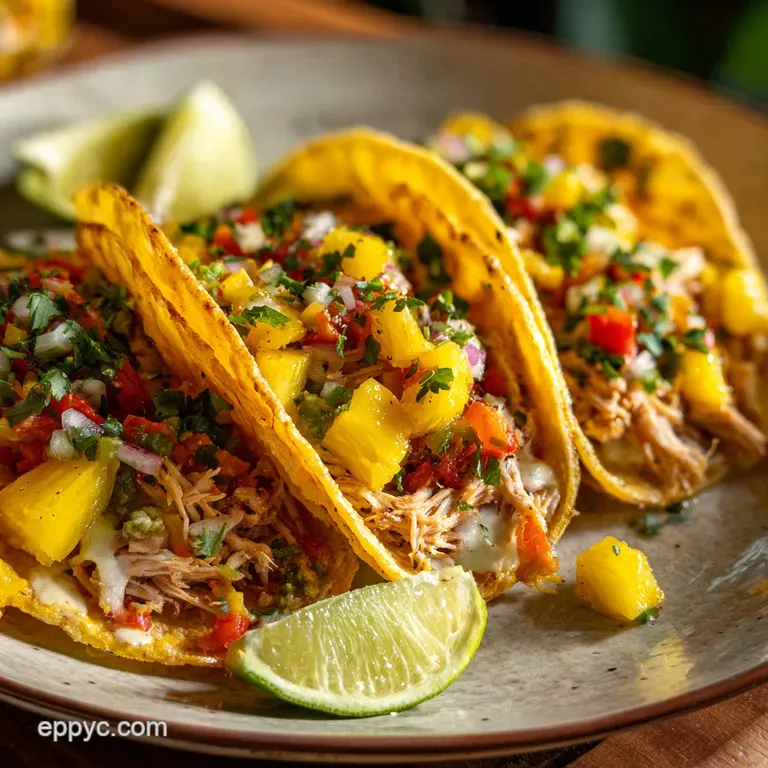 Delicious chicken tacos plated. Golden chicken & pineapple spill out of warm tortillas, topped with cilantro. Inviting & f...