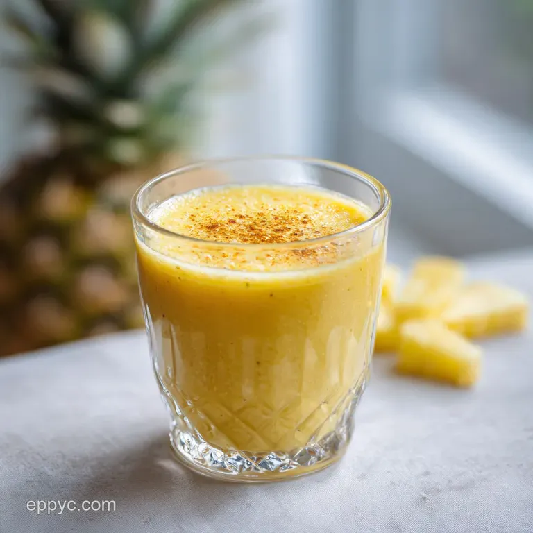 Golden pineapple turmeric smoothie served in a sleek glass with a straw. Bright fruit and spices add color to the creamy d...