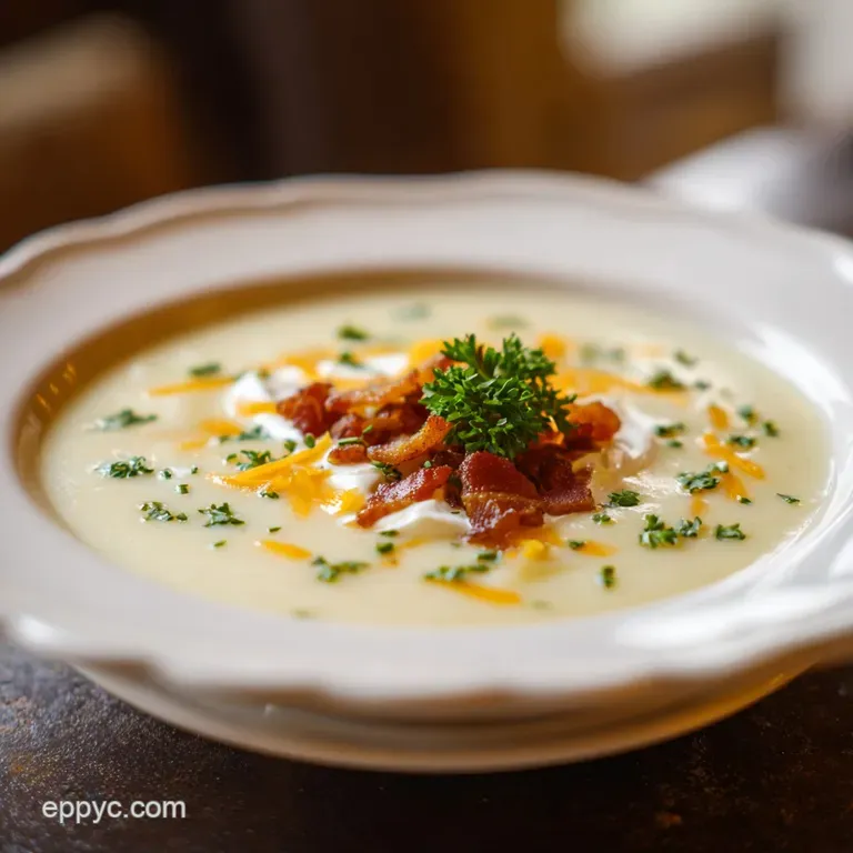 A comforting bowl of thick potato soup, garnished with shredded cheddar cheese and parsley.