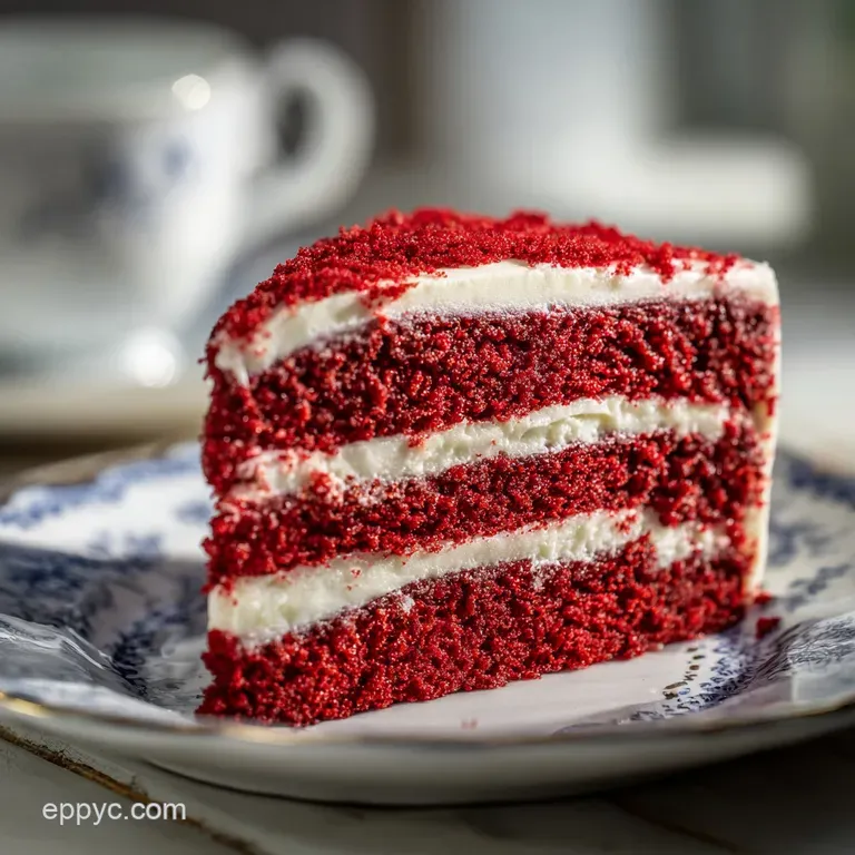 Elegant slice of moist red velvet cake with smooth, fluffy frosting, dusted with cocoa; inviting dessert on a white plate.