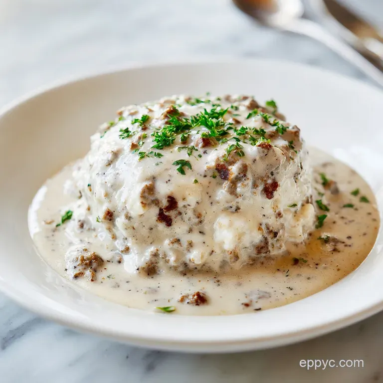 A steaming portion of fluffy biscuits, blanketed in rich, velvety sausage gravy, artfully plated.