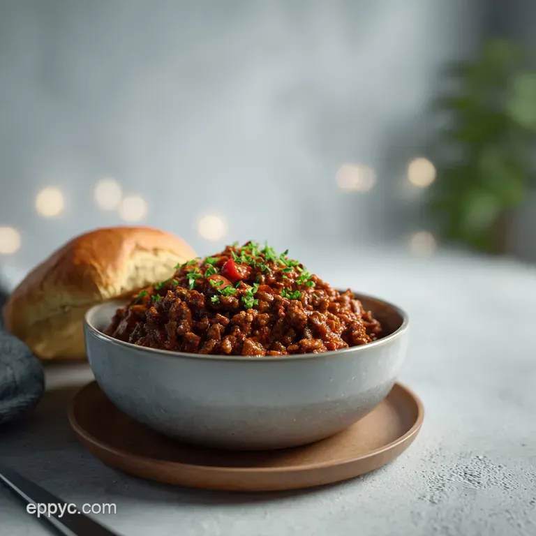 Sloppy Joe served open-faced on a bun, overflowing with a saucy, colorful meat mixture and a pickle spear.