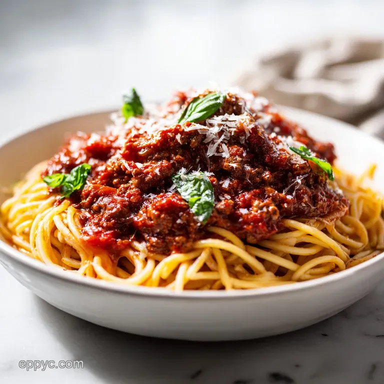 A generous portion of spaghetti topped with vibrant red sauce, a sprinkle of Parmesan cheese.
