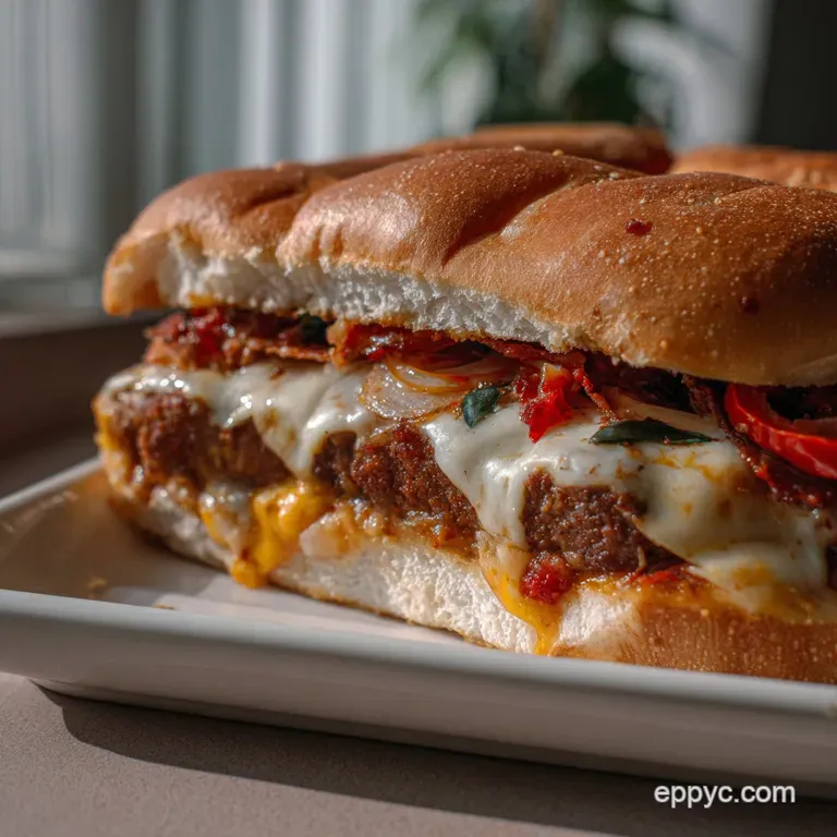 A slice of pizza burger on a white plate, a symphony of textures and colors from crispy crust to soft beef and vibrant top...