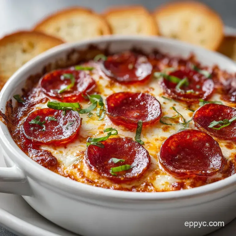 Creamy pizza dip in a skillet, garnished with fresh herbs, alongside crusty bread, inviting and ready to be enjoyed.