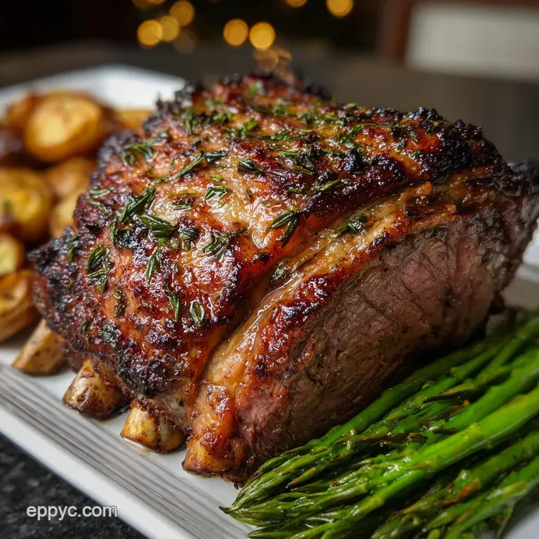 A thick, juicy slice of rosy prime rib, plated with creamy horseradish sauce, showing a beautiful sear and rendered marbling.
