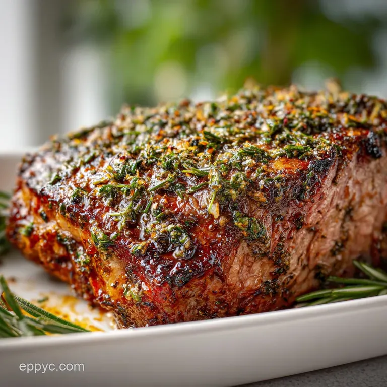 A thick slice of rosy prime rib with a golden, herbed crust on a white plate, accompanied by vibrant green asparagus spears.