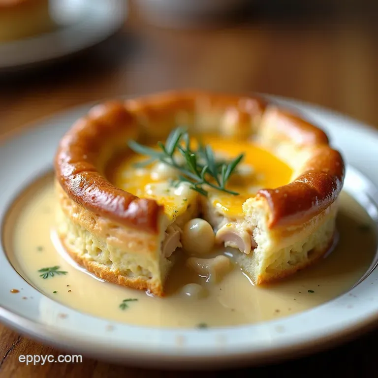 Deconstructed Chicken Pot Pie Soup with Puff Pastry Crowns