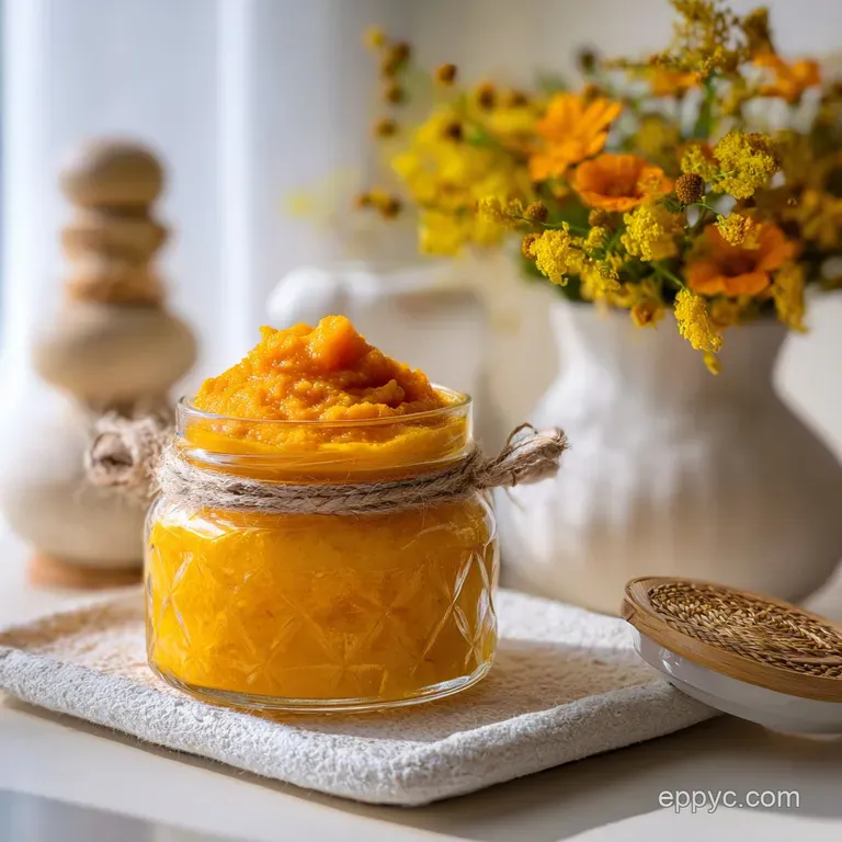 A dollop of velvety pumpkin puree, garnished with a sprig of thyme, rests elegantly on a white porcelain spoon.