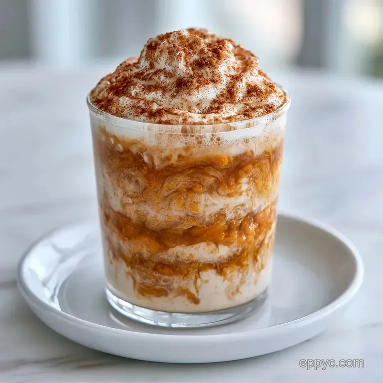 Layered coffee and cream in a tall glass on a wooden coaster, surrounded by warm autumn leaves and a tiny pumpkin.