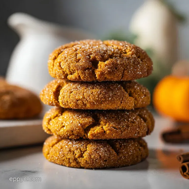 Stacked pumpkin cookies dusted with powdered sugar, presented on a delicate plate with a sprig of fall foliage, evokes coz...