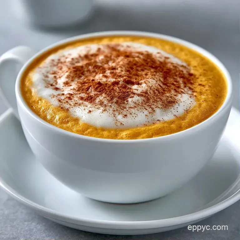 Frothy orange-tinted coffee in a minimalist mug, garnished with a dusting of spice on a warm wooden surface.
