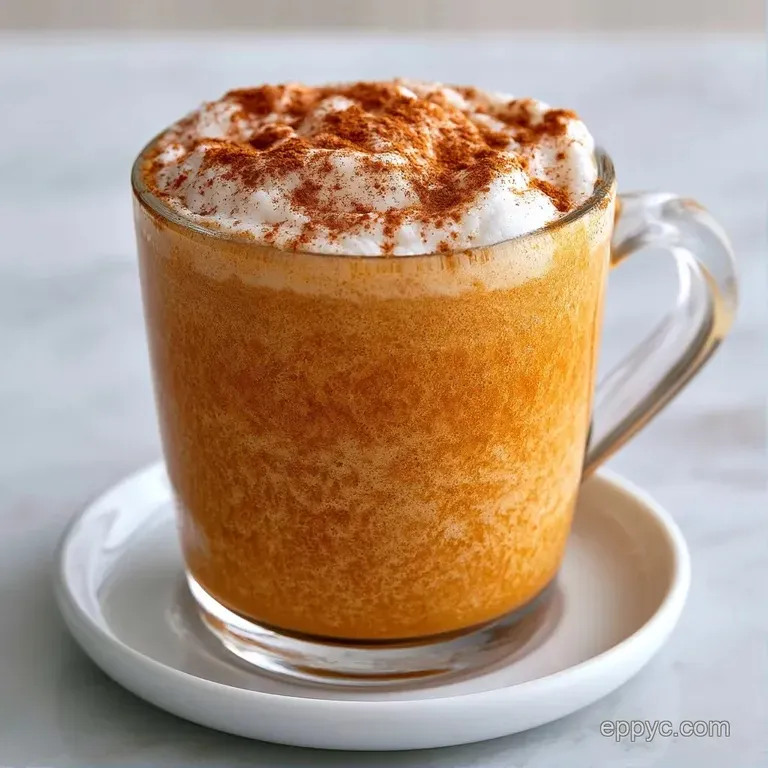 A cozy ceramic mug filled with frothy orange-tinted coffee next to a cinnamon stick on a rustic wooden tabletop.