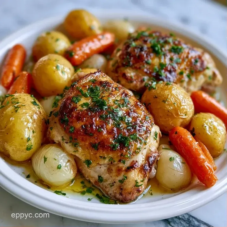 Slices of moist chicken breast drizzled with golden sauce on a white plate, garnished with bright green parsley.