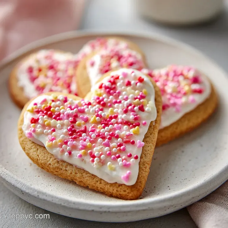 Heart-shaped sugar cookies, decorated with red, pink, and white icing, neatly stacked on a delicate, floral-patterned plate.