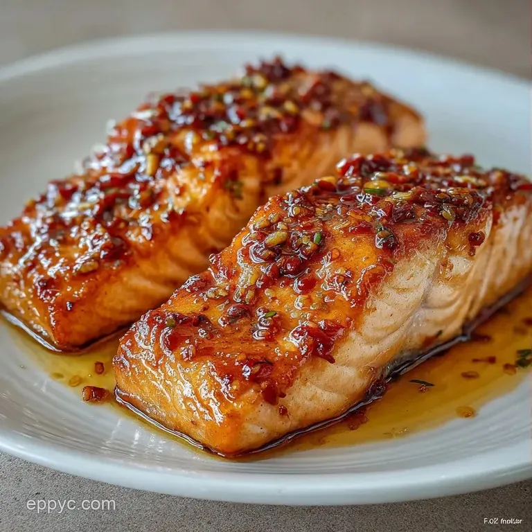 Flaky pink salmon fillet drizzled with a glossy amber glaze, served alongside steamed asparagus and lemon wedges.