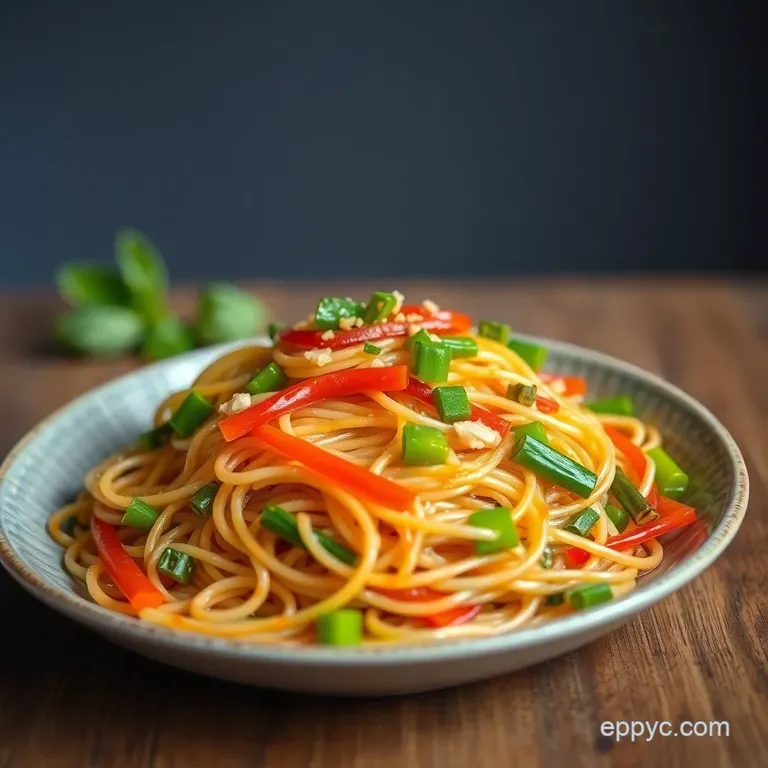 Rainbow Veggie & Chicken Glass Noodle Stir-Fry presentation