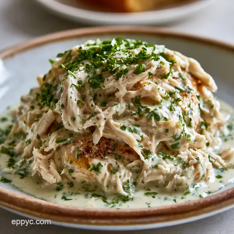 Shredded tender chicken in a velvety white sauce served in a white bowl with a sprinkle of chopped green chives.