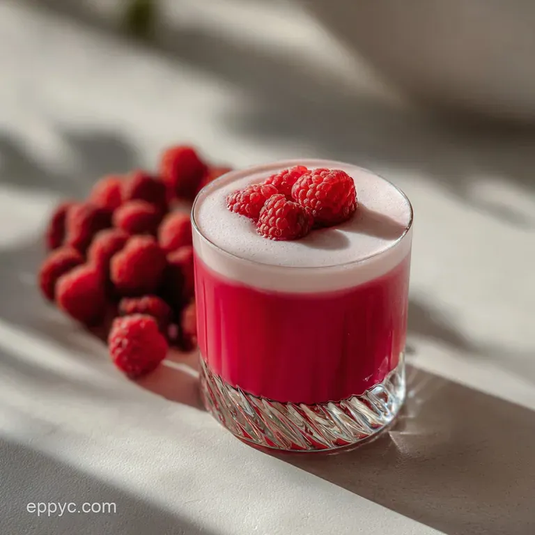 Elegant pink drink in a coupe glass, adorned with raspberries, on a marble surface. Soft lighting enhances the drink's inv...