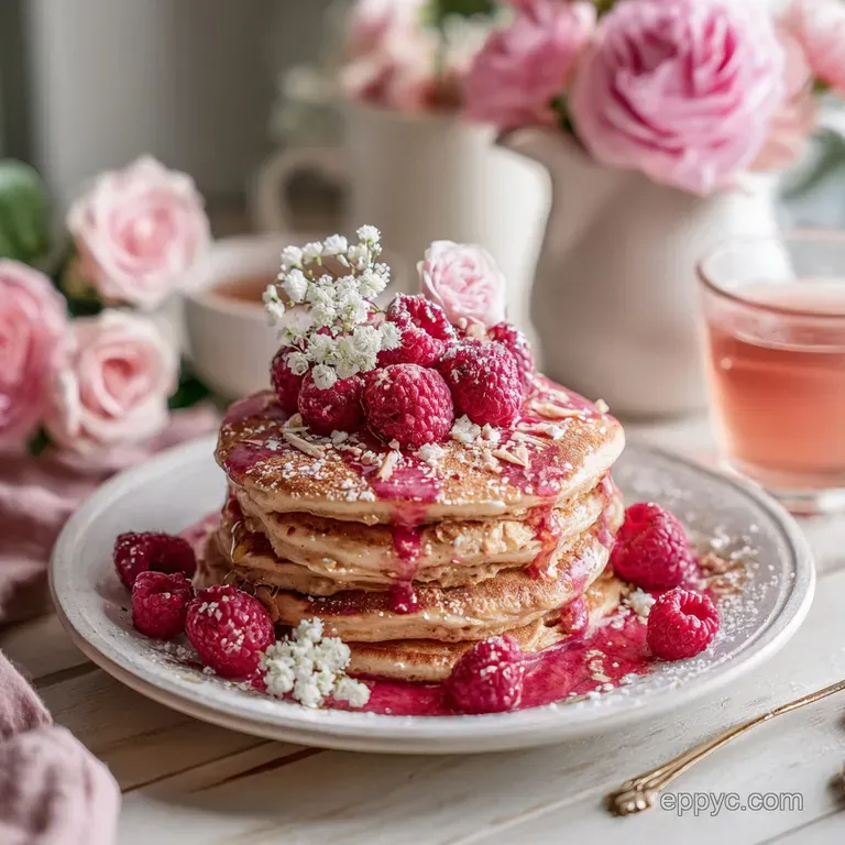 Stack of pink raspberry pancakes drizzled with syrup. Fresh raspberries & powdered sugar dusted over the elegant plate.