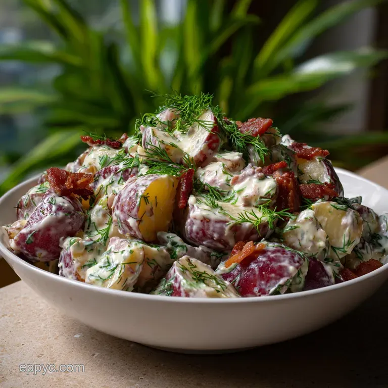 Elegant serving of creamy red potato salad, garnished with fresh dill, showing potato chunks and creamy texture on a white...