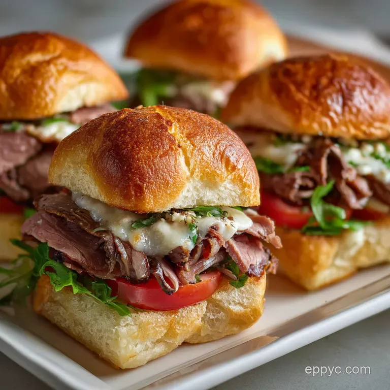 Roast beef slider on a white plate, juicy meat peeking out, with a side of golden crispy fries. Ready to eat!