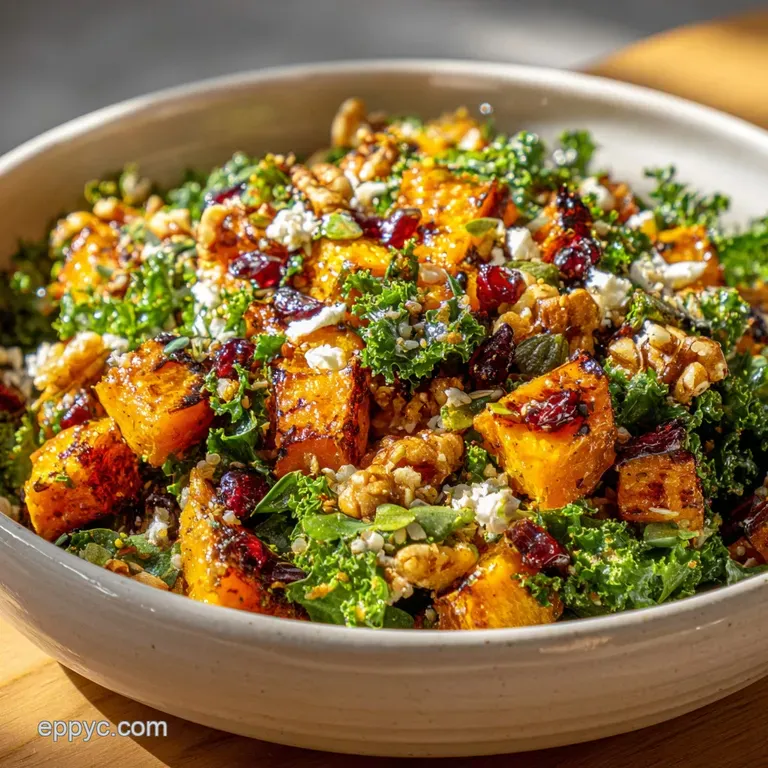 Fall salad plated with care: roasted butternut squash, vibrant greens, cranberries, & pecans drizzled with dressing.