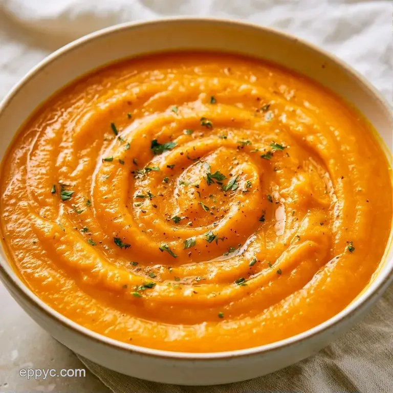 Silky orange soup in a white ceramic bowl garnished with toasted pumpkin seeds and a sprig of fresh microgreens.
