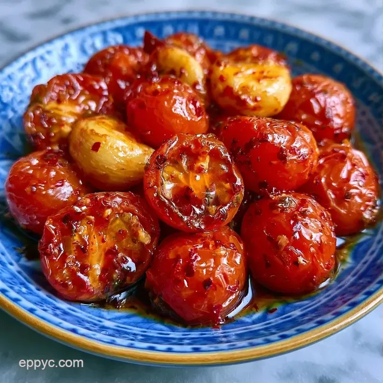 Bright red roasted tomatoes drizzled over toasted sourdough bread with fresh basil and a sprinkle of sea salt.